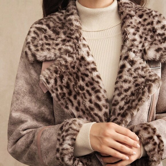 Pink Casual Women's Faux Fur Lined Motorcycle Jacket With Leopard Print - Picture 5 of 8